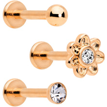 Load image into Gallery viewer, 16G Clear Gem Rose Gold Tone Internally Threaded Rose Labret Set
