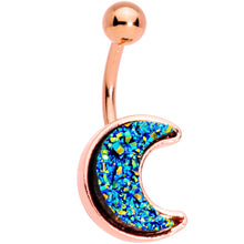 Load image into Gallery viewer, Clear Gem Blue Faux Druzy Rose Gold Tone Crescent Moon Belly Ring Set

