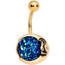 Load image into Gallery viewer, Clear Gem Blue Faux Druzy Gold Tone Peaceful Moon Belly Ring Set

