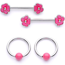 Load image into Gallery viewer, 14G 9/16 1/2 Pink Flower Glow BCR Barbell Nipple Ring Set
