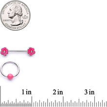 Load image into Gallery viewer, 14G 9/16 1/2 Pink Flower Glow BCR Barbell Nipple Ring Set
