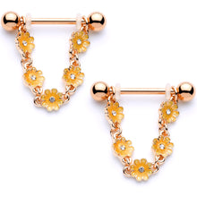 Load image into Gallery viewer, 9/16 Clear Gem Rose Gold Tone Orange Glow Flower Nipple Ring Set
