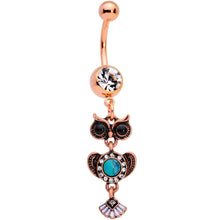 Load image into Gallery viewer, Faux Turquoise Rose Gold Tone Southwestern Wise Owl Dangle Belly Ring
