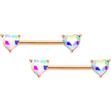 Load image into Gallery viewer, 14G Aurora Gem Rose Gold Tone Heart BCR Barbell Nipple Ring Set
