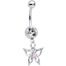 将图片加载到图库查看器，Pink Synthetic Opal Clear Gem Lacy Butterfly Dangle Belly Ring
