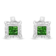 Load image into Gallery viewer, Sterling Silver Color Treated Princess Diamond Quad Stud Earring (1/2 cttw, Green Color, I1-I2 Clarity)
