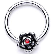 Load image into Gallery viewer, 16G 3/8 Red Gem Tiny Flower Hinged Segment Ring
