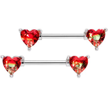 Load image into Gallery viewer, 14G 9/16 Red Tourmaline Heart Barbell Nipple Ring Set
