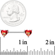 Load image into Gallery viewer, 14G 9/16 Red Tourmaline Heart Barbell Nipple Ring Set
