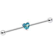 Load image into Gallery viewer, 14G Blue Green Gem Faceted Heart Industrial Barbell 38mm
