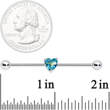 Load image into Gallery viewer, 14G Blue Green Gem Faceted Heart Industrial Barbell 38mm
