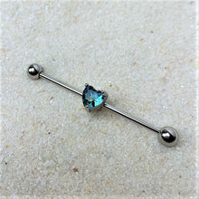 Load image into Gallery viewer, 14G Blue Green Gem Faceted Heart Industrial Barbell 38mm
