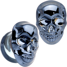 Load image into Gallery viewer, Dark Blue Glass Smiling Halloween Skull Double Flare Plug Set
