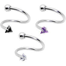 Load image into Gallery viewer, 16G 3/8 Goth CZ Gem Triangle Spiral Twister Eyebrow Ring Set
