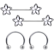 Load image into Gallery viewer, 14G Clear Gem White Flower Horseshoe Barbell Nipple Ring Set of 4
