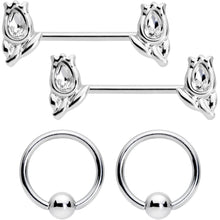 Load image into Gallery viewer, 14G 7/16 1/2 Clear Gem Flowers BCR Barbell Nipple Ring Set of 4
