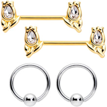Load image into Gallery viewer, 14G Clear Gem Gold Tone Flowers BCR Barbell Nipple Ring Set
