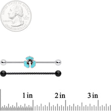 Load image into Gallery viewer, 14G Tropic Blue Flower Black Twisted Industrial Barbell Set 38mm
