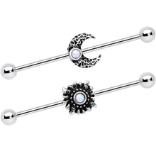 将图片加载到图库查看器，14G White Faux Opal Sun Moon Industrial Barbell Set 38mm
