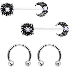 Load image into Gallery viewer, 14G 9/16 Clear Gem Sun Moon Horseshoe Barbell Nipple Ring Set
