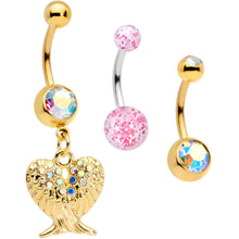 Load image into Gallery viewer, Aurora Gem Gold Tone Angel Wings Pink Confetti Belly Ring Set of 3
