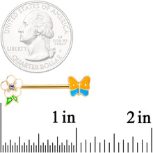 将图片加载到图库查看器，14G Gold Tone Spring Butterfly Flower Barbell Nipple Ring Set
