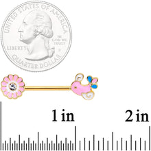 Load image into Gallery viewer, 14G 9/16 Gold Tone Pink Bird Flower Barbell Nipple Ring Set
