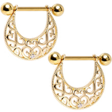 Load image into Gallery viewer, 14G 9/16 Clear CZ Gem Gold Tone Abstract Heart Nipple Shield Set
