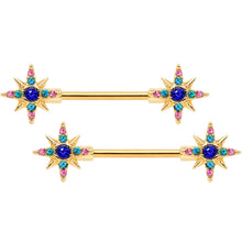 Load image into Gallery viewer, 14G 9/16 Aqua Green Gem Gold Tone Star Barbell Nipple Ring Set

