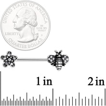 Load image into Gallery viewer, 14G 5/8 Clear Gem Bee and Blossom Barbell Nipple Ring Set
