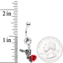 Load image into Gallery viewer, Clear Gem Red Rose Flower and Gun Dangle Belly Ring
