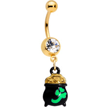 Load image into Gallery viewer, Clear Gem Gold Tone Pot o Gold St Patricks Day Dangle Belly Ring
