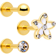 Load image into Gallery viewer, 16G 5/16 Clear Gem Gold Tone White Flower Labret Set of 3
