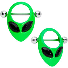 Load image into Gallery viewer, 14G 5/8 Black Gem Green Glow in the Dark Alien Nipple Shield Set
