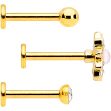 Load image into Gallery viewer, 16G 5/16 White Faux Opal Gold Tone Flower Labret Curation Set of 3
