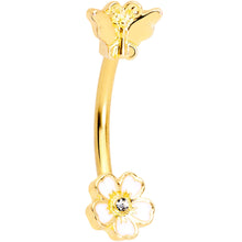 将图片加载到图库查看器，16G 3/8 Clear Gem Gold Tone White Posy Flower Curved Eyebrow Ring
