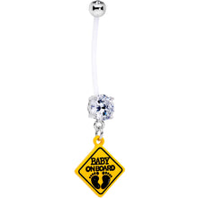 Load image into Gallery viewer, Clear CZ Gem Baby on Board Sign Dangle Pregnancy Belly Ring
