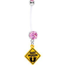 Load image into Gallery viewer, Pink CZ Gem Baby on Board Sign Dangle Pregnancy Belly Ring
