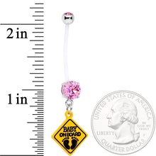 Load image into Gallery viewer, Pink CZ Gem Baby on Board Sign Dangle Pregnancy Belly Ring
