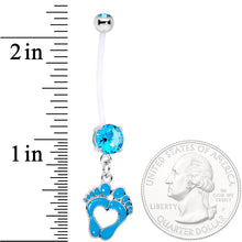 Load image into Gallery viewer, Aqua CZ Gem Baby Precious Footprints Dangle Pregnancy Belly Ring
