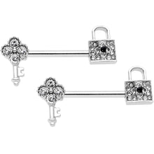Load image into Gallery viewer, 14G 9/16 Clear Gem Under Lock and Key Barbell Nipple Ring Set

