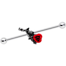 Load image into Gallery viewer, 14G Red Rose Flower and Gun Industrial Barbell 38mm
