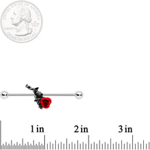 Load image into Gallery viewer, 14G Red Rose Flower and Gun Industrial Barbell 38mm
