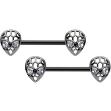 Load image into Gallery viewer, 14G 9/16 Clear CZ Black Openwork Alien Barbell Nipple Ring Set
