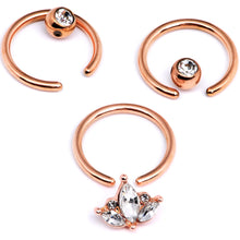 Load image into Gallery viewer, 14G 0.51 inch Clear CZ Rose Gold Tone Crest BCR Captive Ring Set of 3
