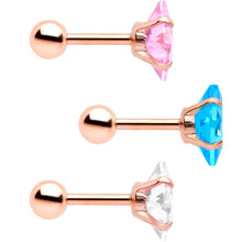 Load image into Gallery viewer, 16G 1/4 Color CZ Gem Rose Gold Tone Cartilage Tragus Set of 3
