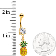 Load image into Gallery viewer, Clear Yellow Green Gem Gold Tone Tropical Pineapple Dangle Belly Ring
