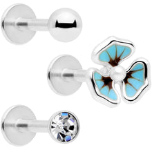 Load image into Gallery viewer, 16G 5/16 Clear Gem Blue Flower Labret Monroe Tragus Set of 3
