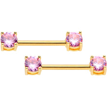 Load image into Gallery viewer, 14G 9/16 Pink CZ Gem Gold Tone Barbell Nipple Ring Set
