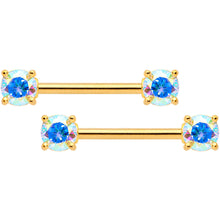 Load image into Gallery viewer, 14G 9/16 Aurora CZ Gem Gold Tone Barbell Nipple Ring Set
